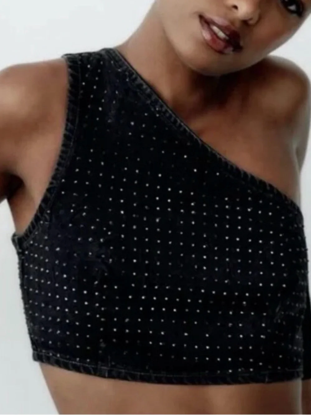 Zara Black One-Shoulder Studded Crop Top
